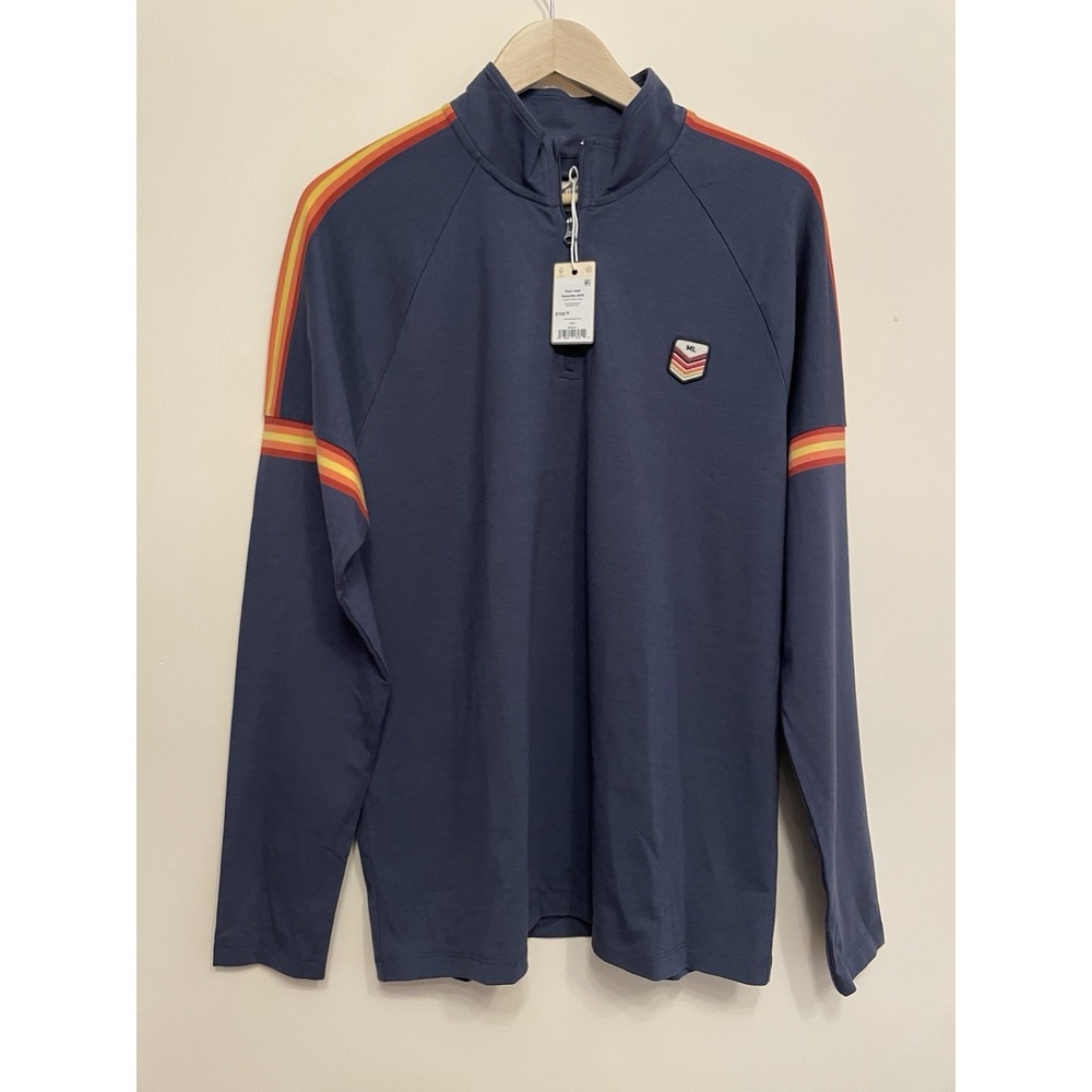 Marine Layer Archive Quarter Zip Men Medium Navy Blue Stripe Embroidered New